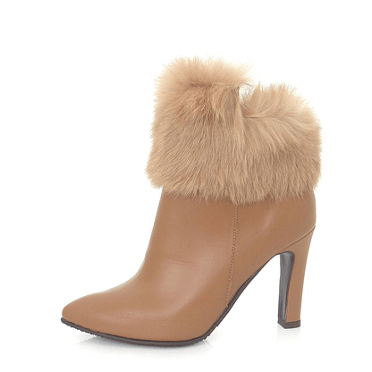 Mid heel ankle boots in tan leather with a fur trim