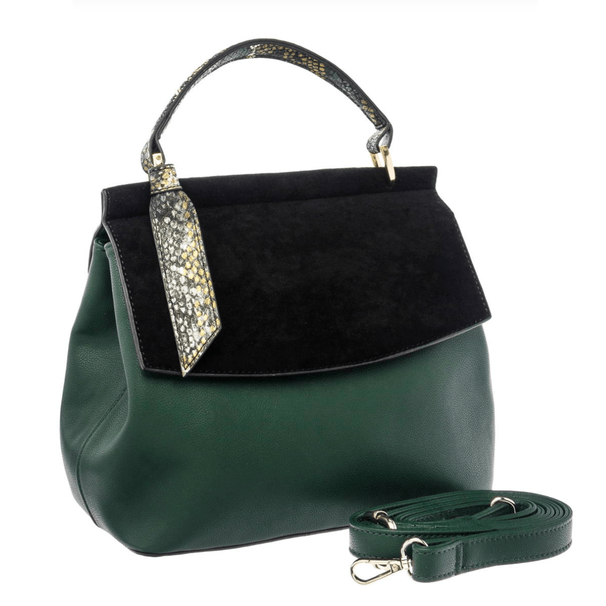 Khaki green and black grab bag with an adjustable strap