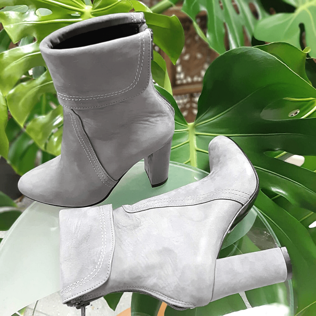 Grey suede 2025 heeled boots
