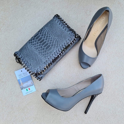 Grey leather open toe court heels and a matching leather clutch bag