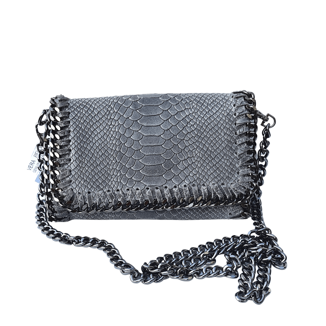 Crocodile embossed grey leather clutch bag with a chain