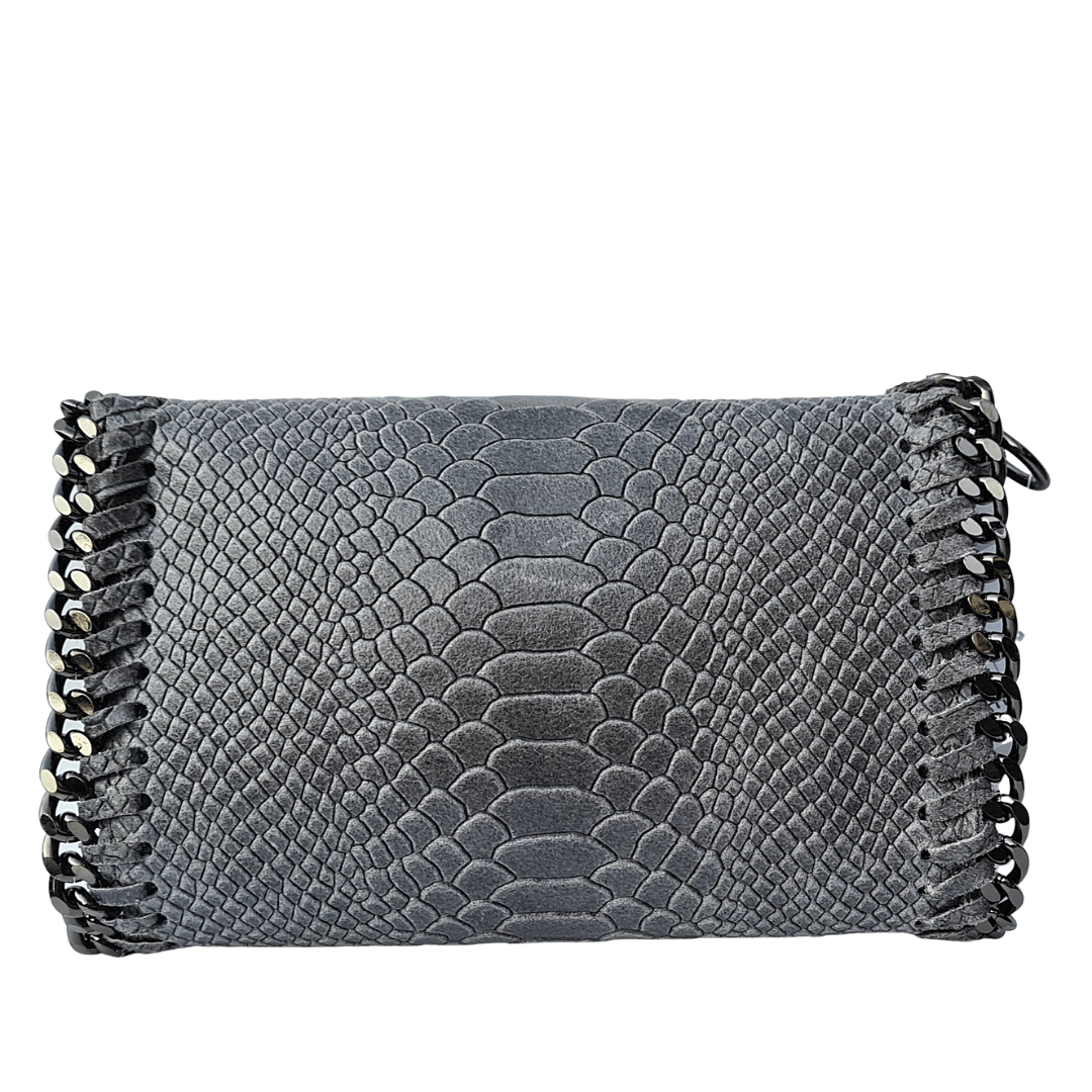 Grey leather and silver chain clutch bag