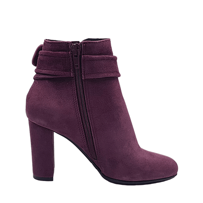 Block heel ankle boots in burgundy suede leather with a side zip