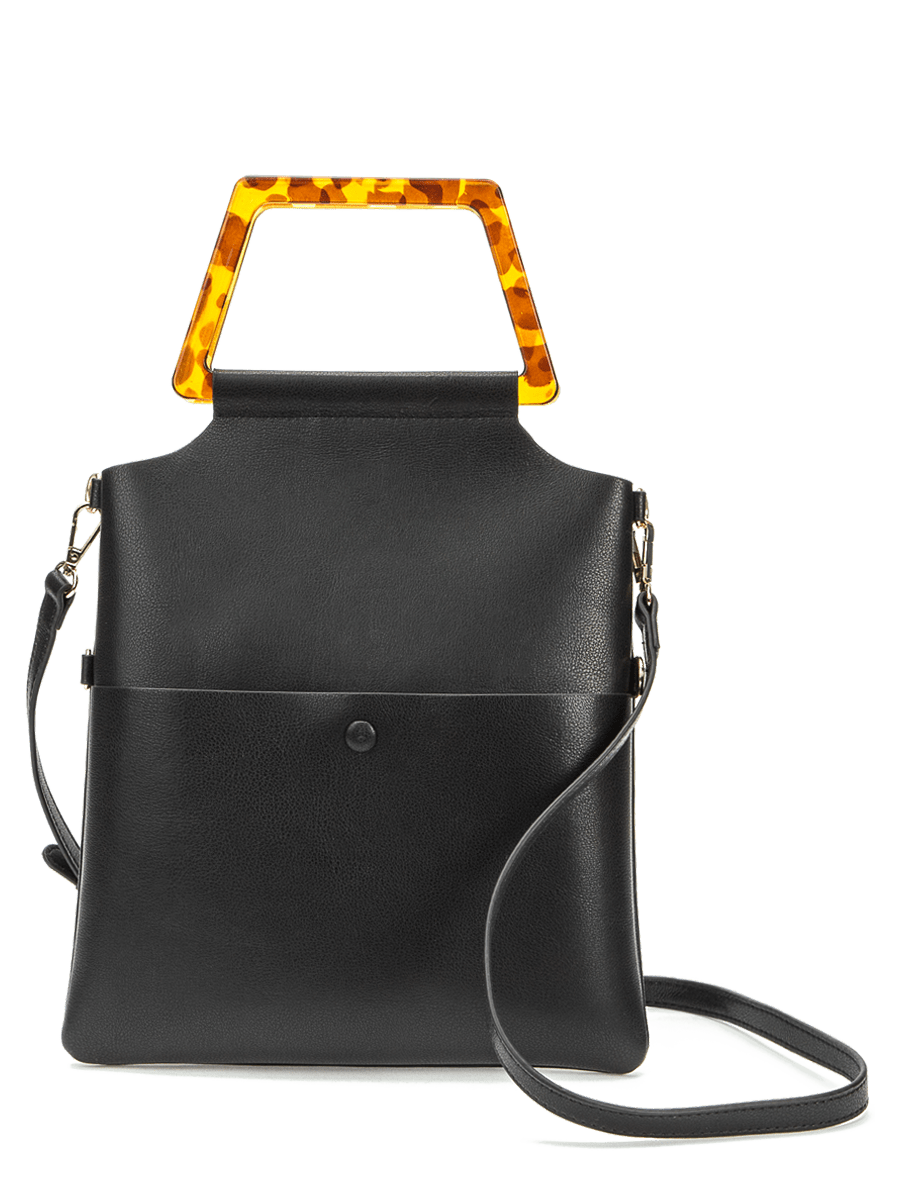 Black bag with an orange handle and an adjustable shoulder strap.