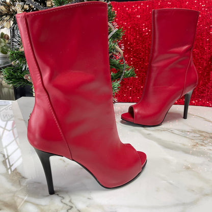 High heel open toe platform boots in red leather