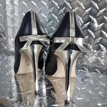 Pointed toe black and gold leather court heels