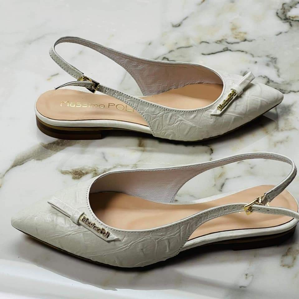 Open heel white croc leather ballerina shoes