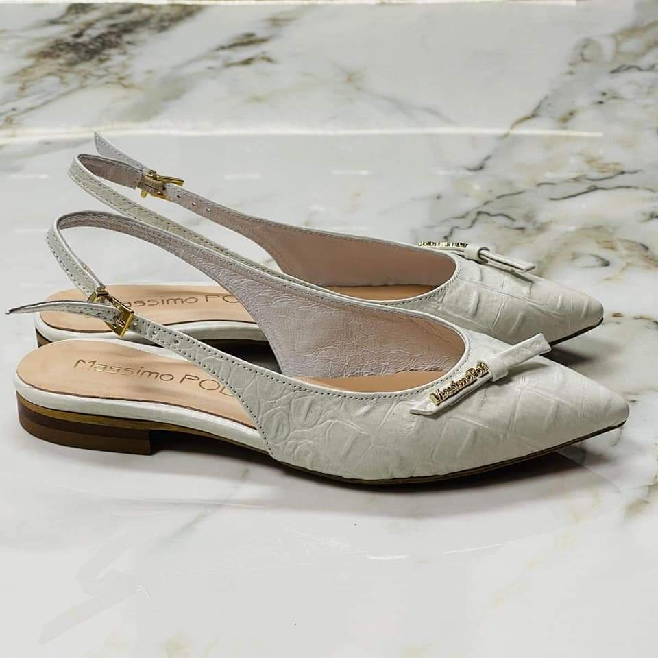 Pointed toe white leather ballerina pumps