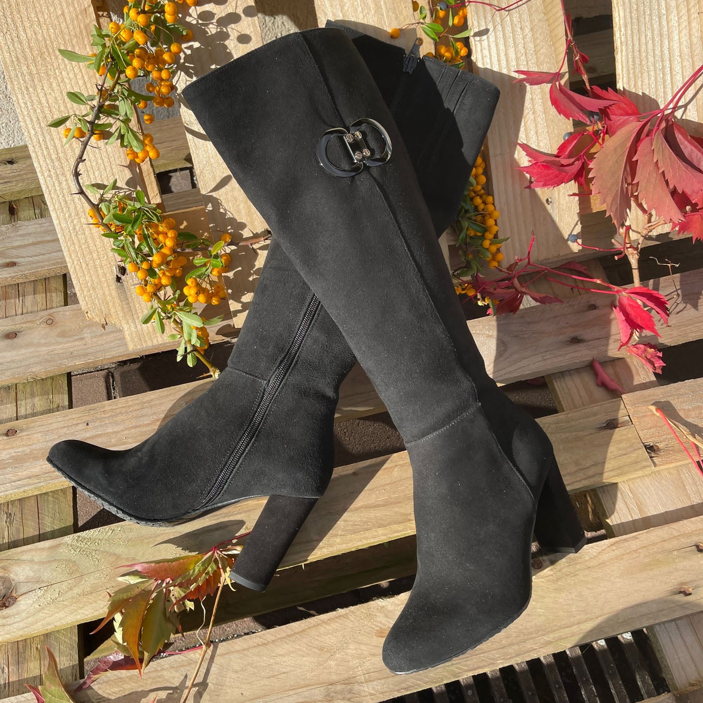 Petite size black suede knee high boots