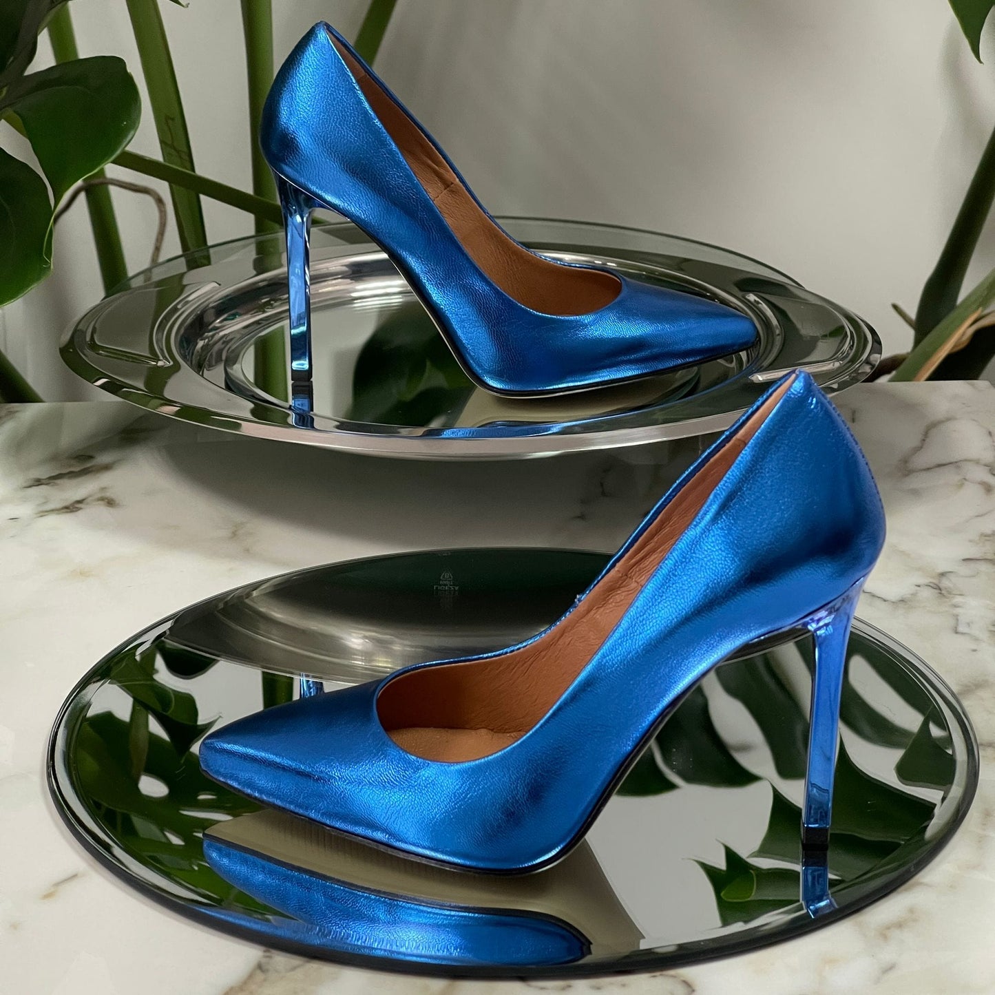 Blue leather court heels in petite size