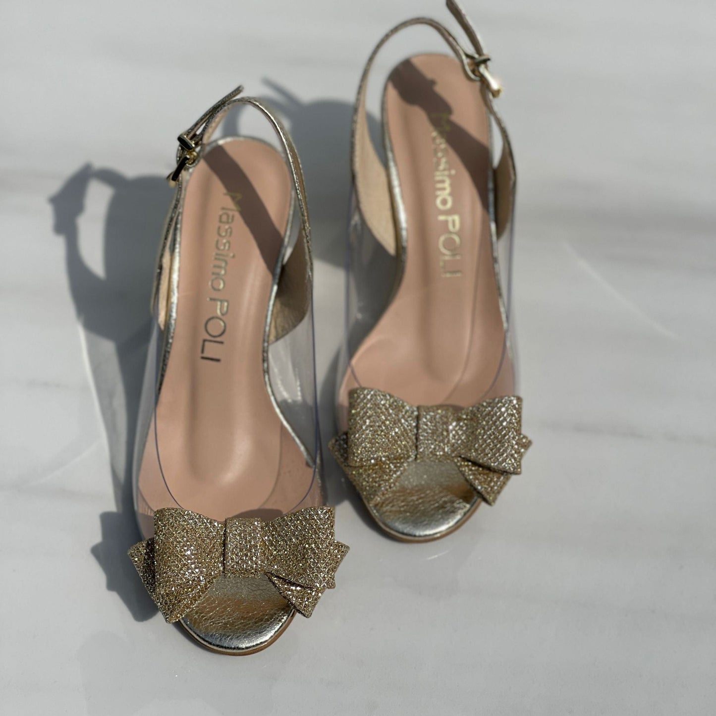 Open toe petite wedding heels in gold 