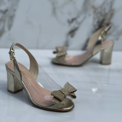 Mid heel gold leather petite slinback shoes