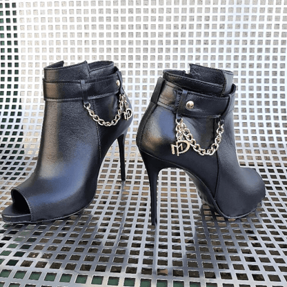 High heel open toe boots in black leather