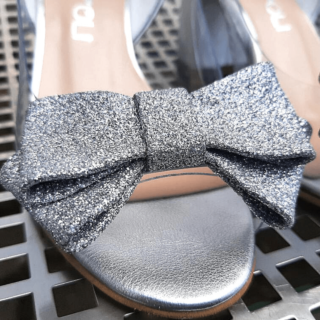 Open toe silver bow sandals