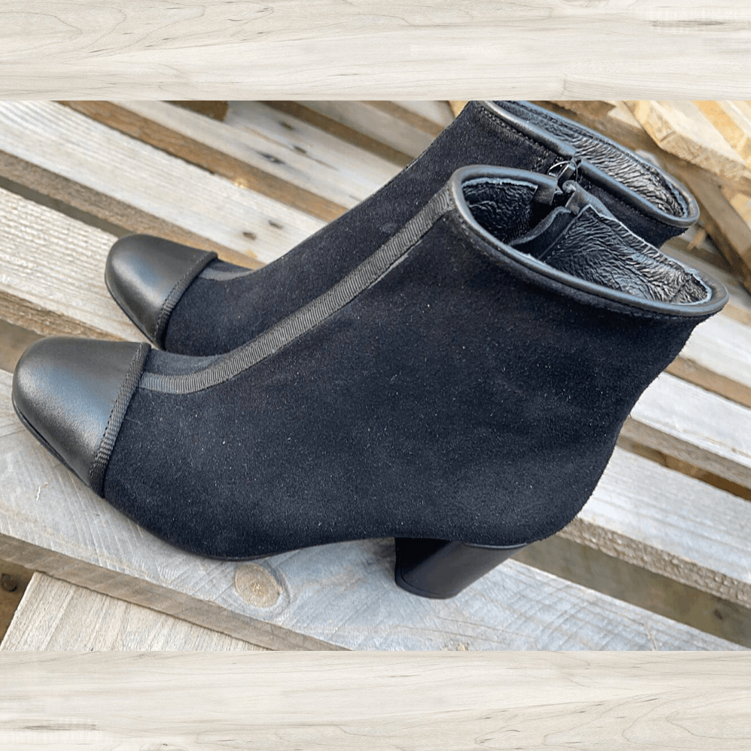 Block heel petite ankle boots in black suede