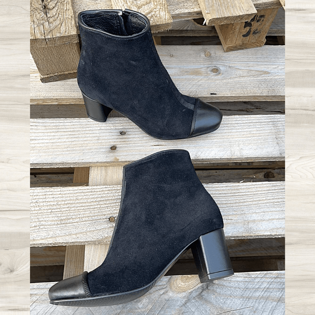 Ladies ankle boots in black suede set on a block heel