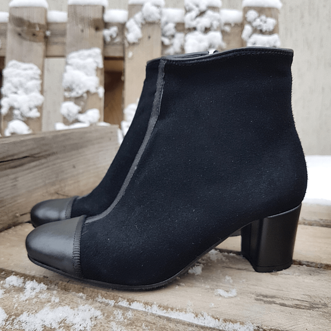 Small size ladies ankle boots in black suede leather