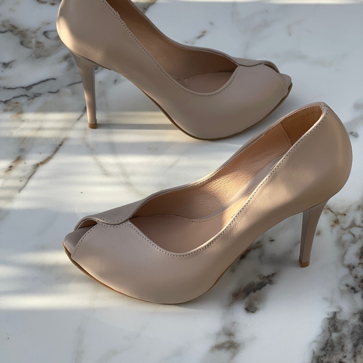 Petite peep toe court heels in nude leather