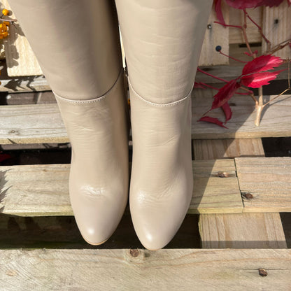 Petite size ladies knee boots in nude leather