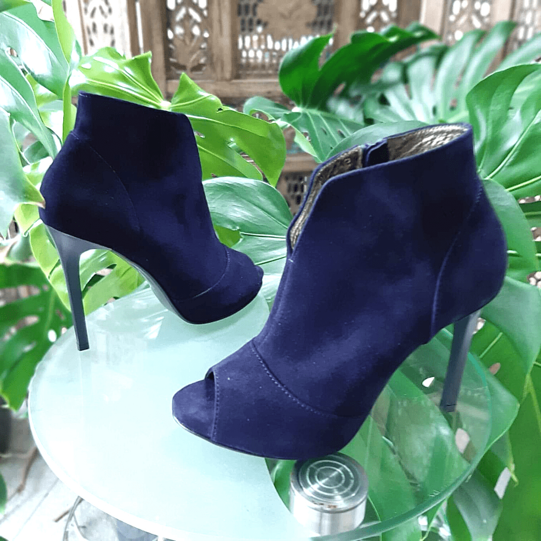 Open toe navy suede ankle boots