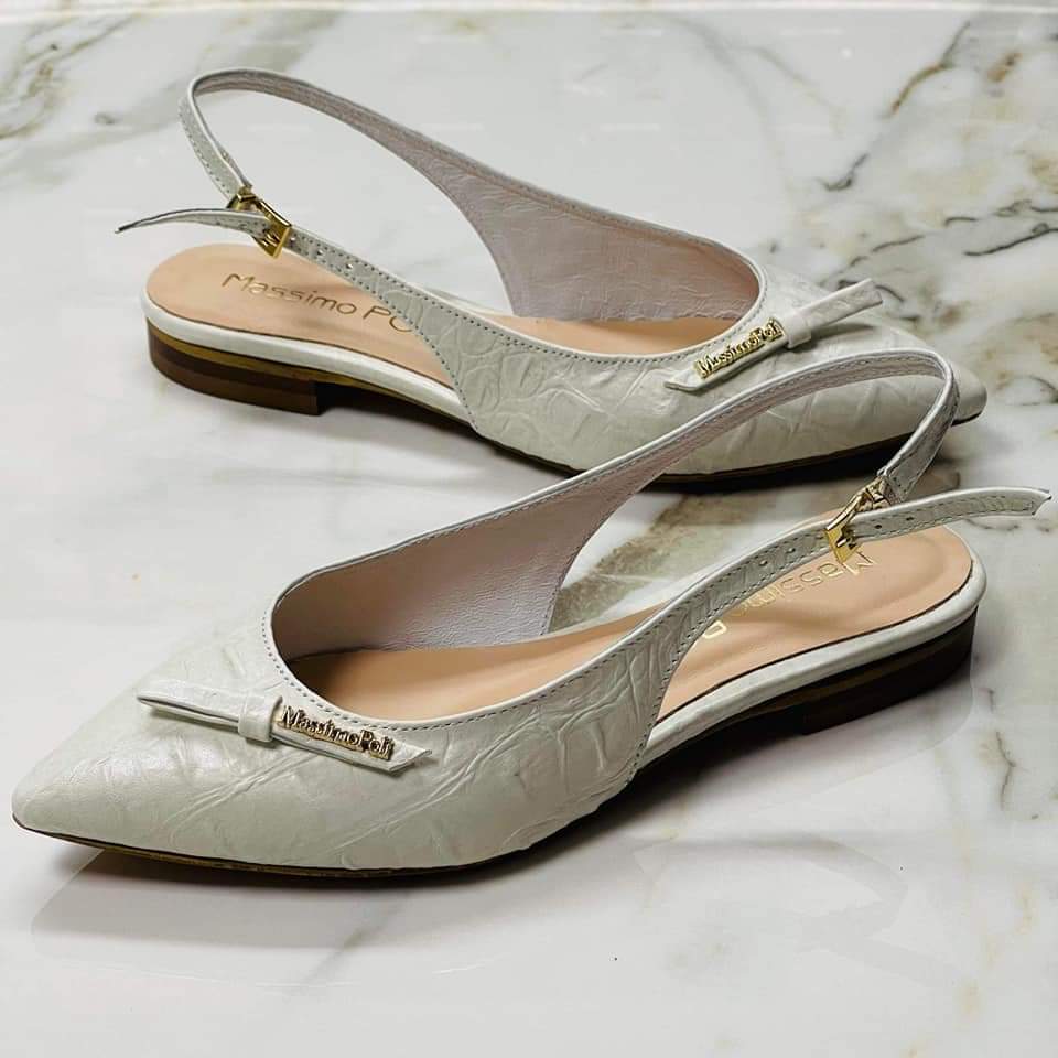 Pointed toe open heel ballerina pumps in whitePointed toe white leather slingback ballerina shoes