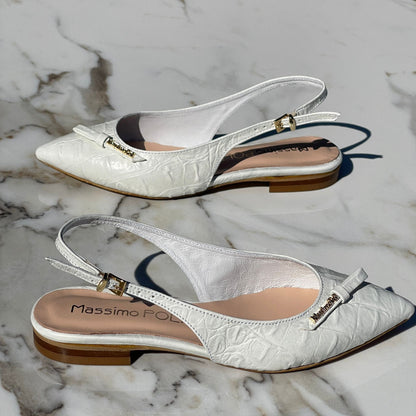 Pointed toe white leather slingback ballerina shoes
