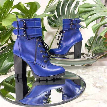 Small size ladies army boots in blue leather