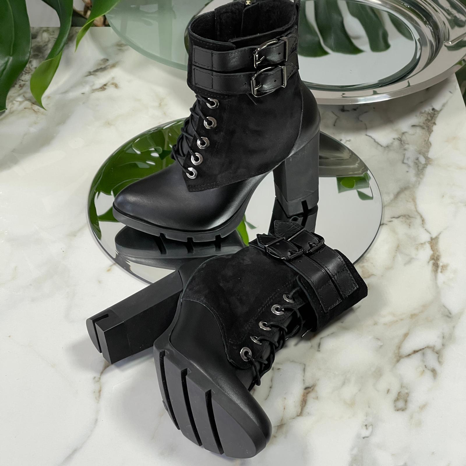 Black leather and suede high heel army boots