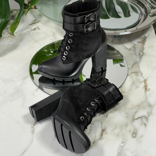 Black leather and suede high heel army boots