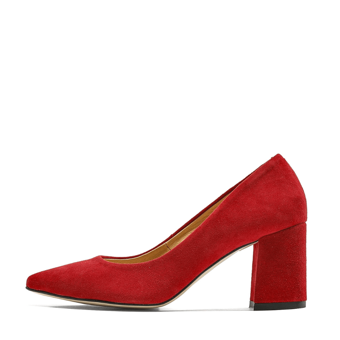 Red suede court heels