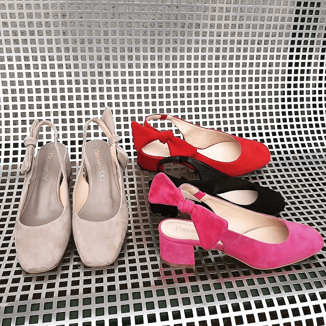 Collection of ladies slingback shoes in nude, red, pink and black