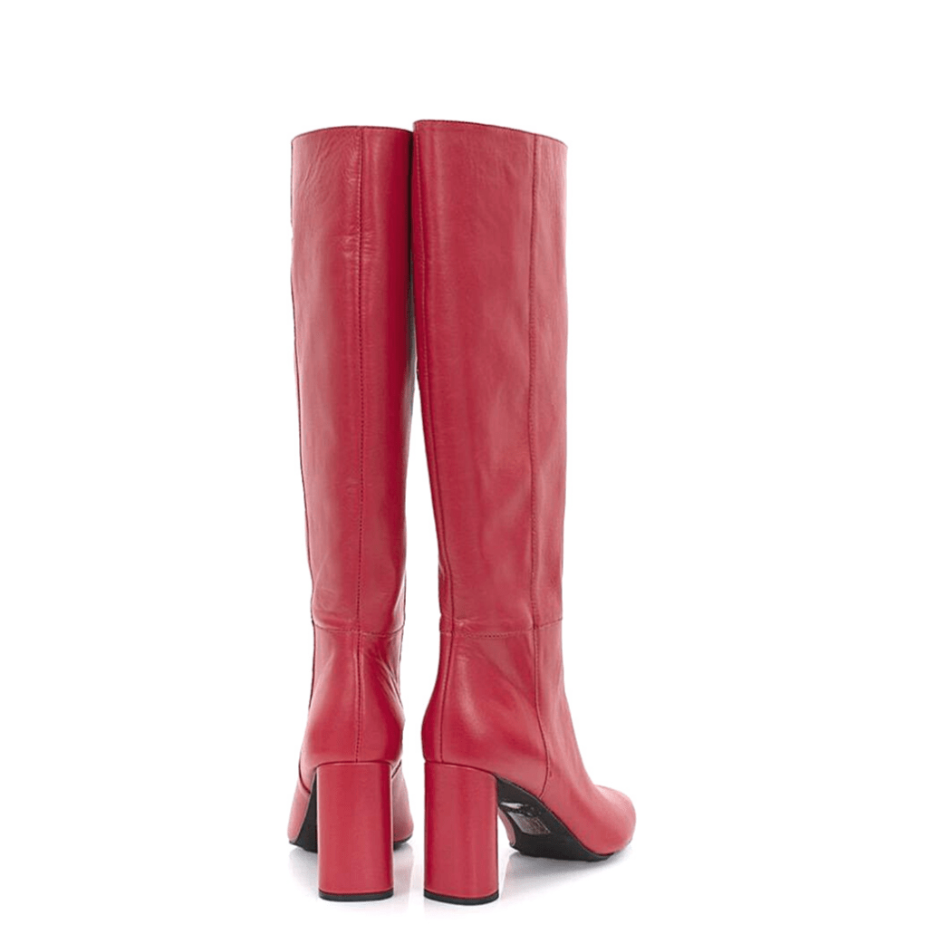 Block heel knee high boots in red leather