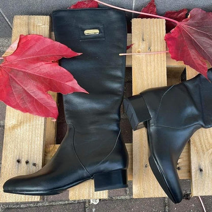 Petite size kitten heel knee high boots in black leather
