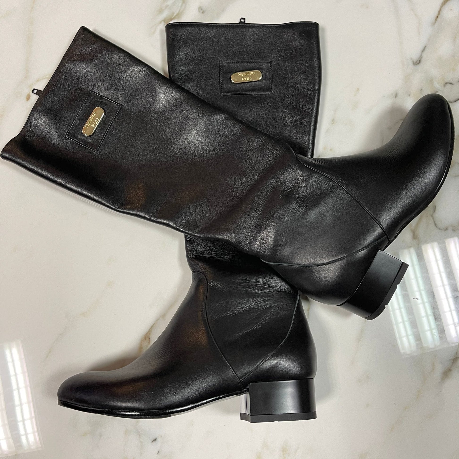 Petite size kitten heel knee high boots in black leather
