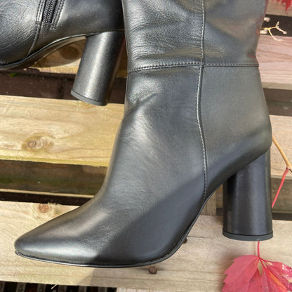 Block heel black leather boots