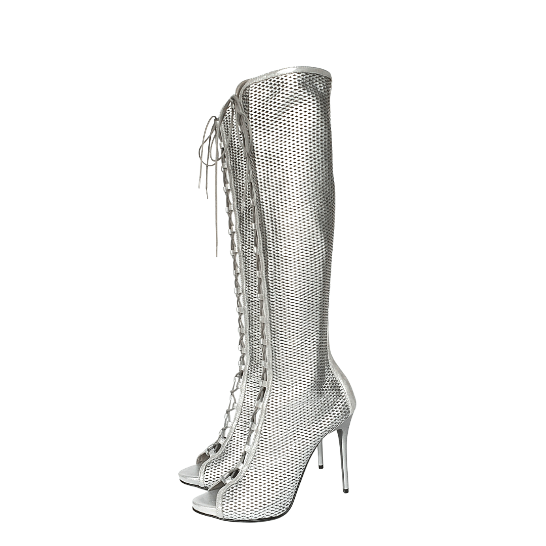High heel over the knee boots in silver leather