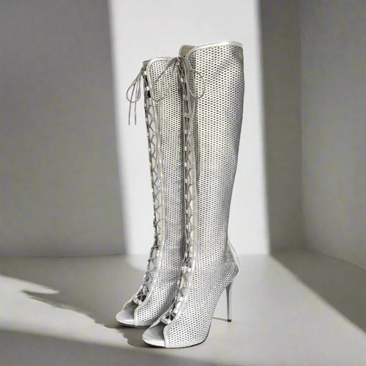 High heel over the knee boots in silver leather