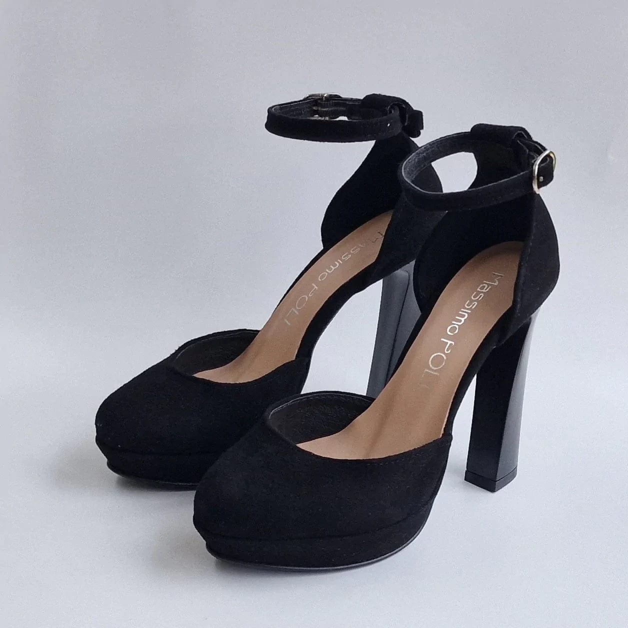 Black suede high heel platform sandals