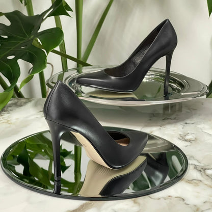 Pointed toe black leather petite court shoes