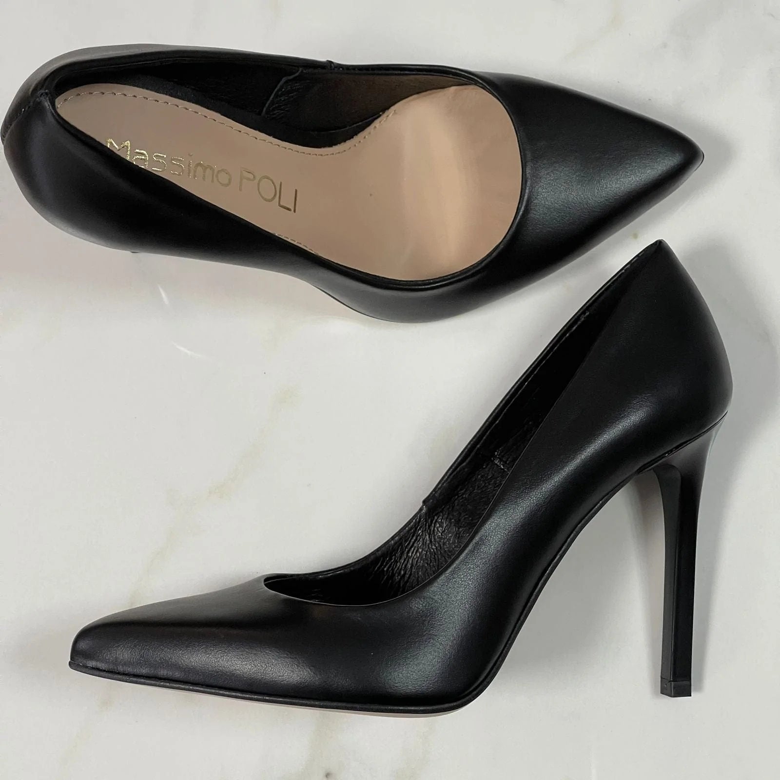 Pointed toe balck leather petite court shoes
