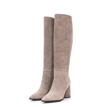 Pointed toe knee high boots in beige suede leather
