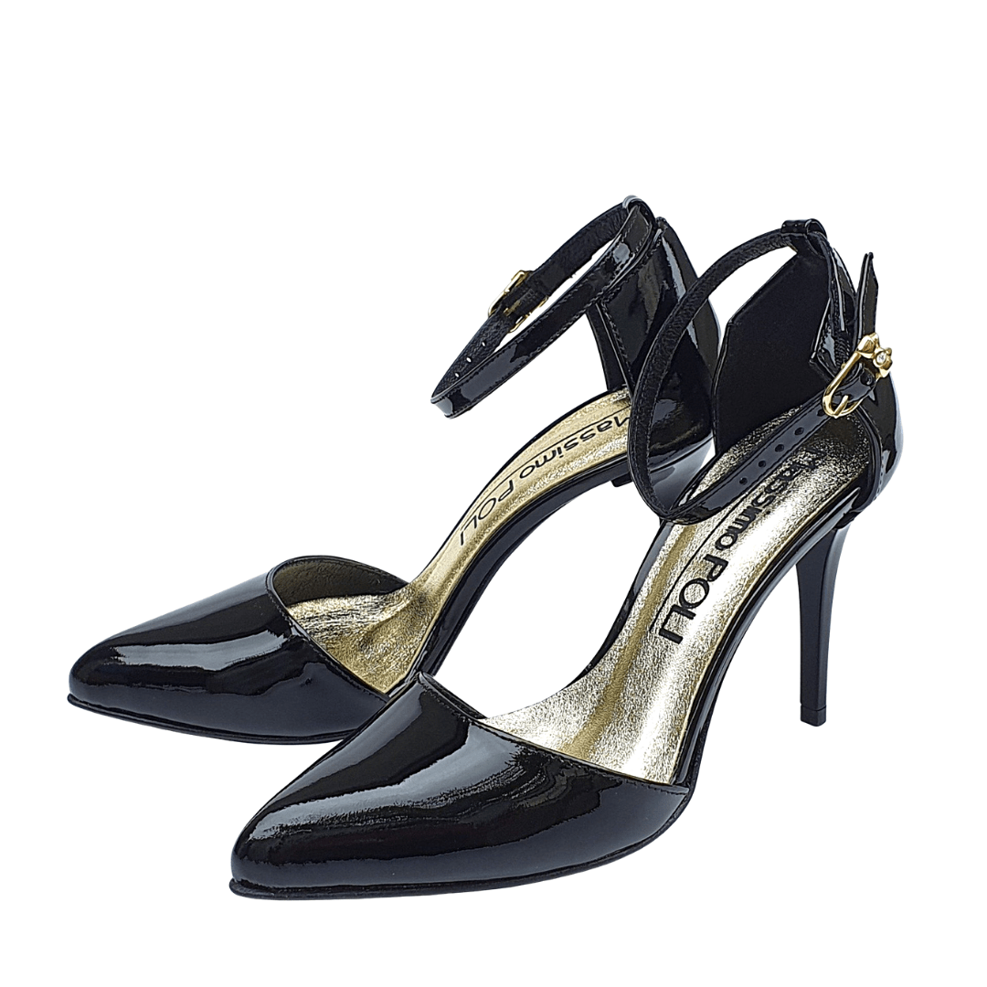Ankle strap court heels in black patent leather