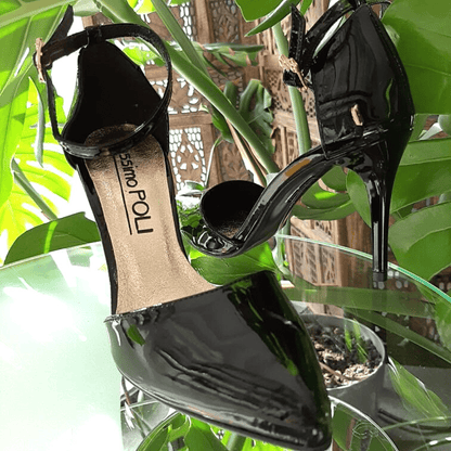 Black patent leather court heels
