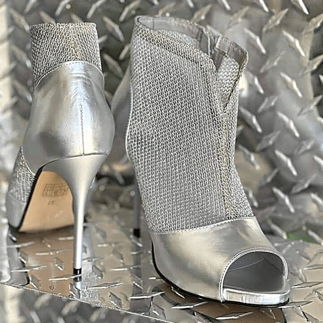 Open toe silver leather ankle boots