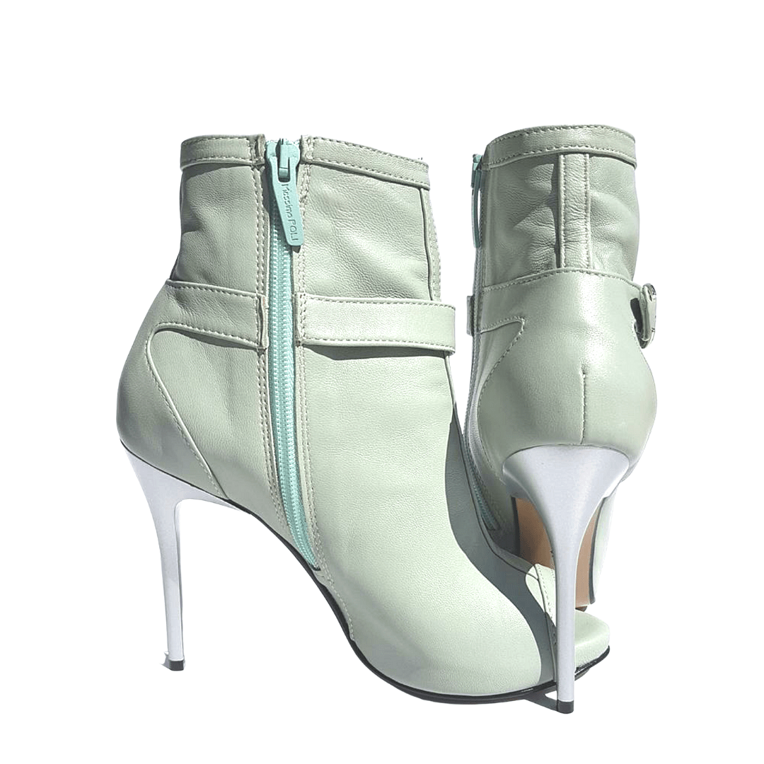 High heel ankle boots with and open toe and a side zip