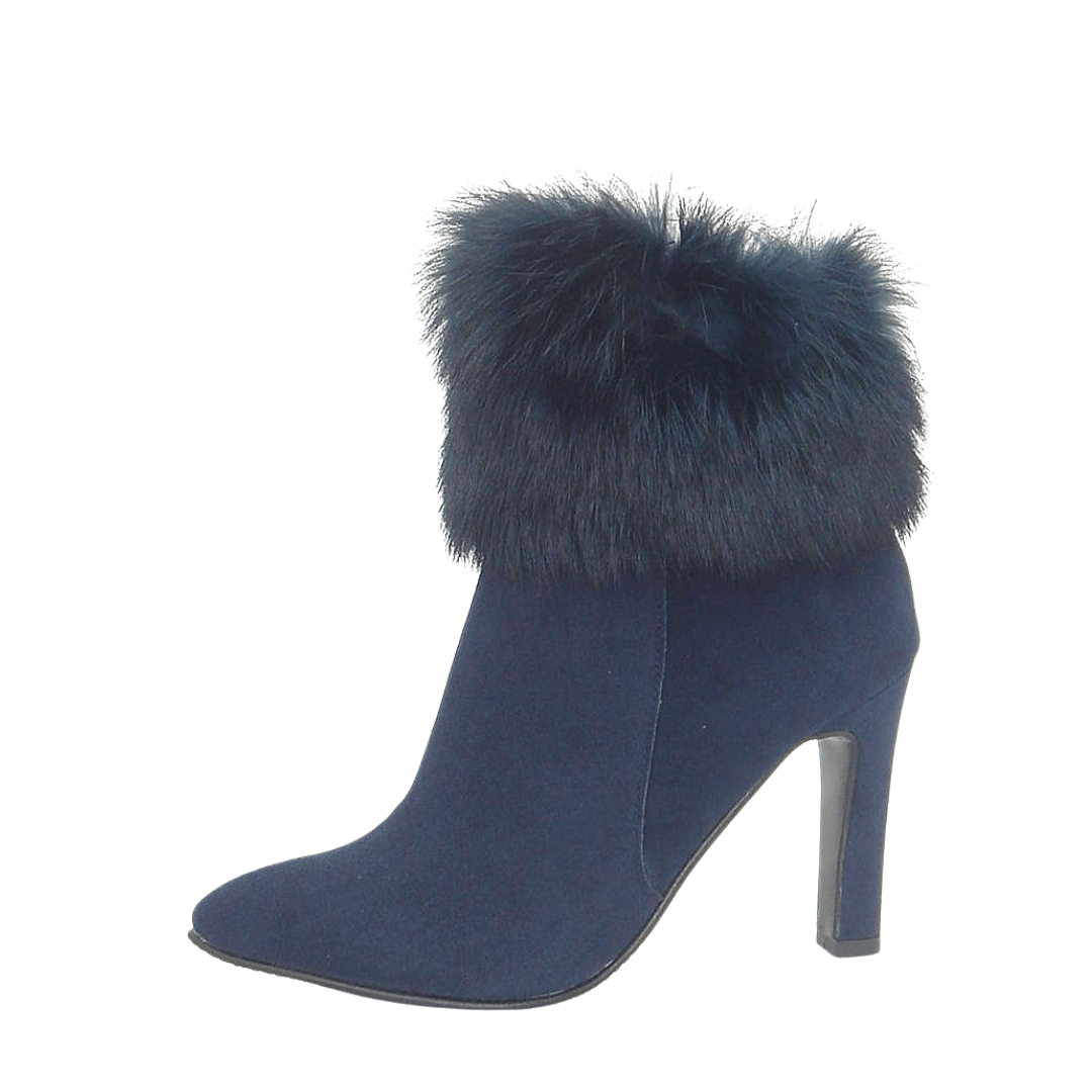 Mid heel ankle boots in navy suede with a fur trim