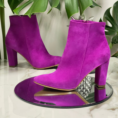 Pointed toe block heel ankle boots in pink suede
