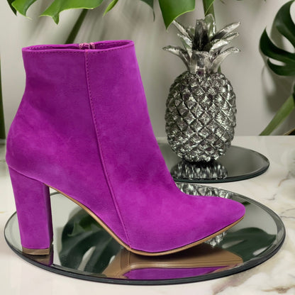 Pointed toe block heel ankle boots in pink suede