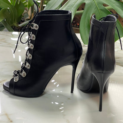 Lace up open toe ankle boots in black leather