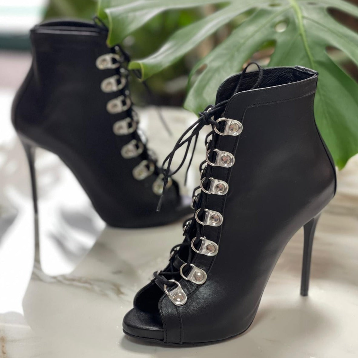 Black leather tie up gladiator boots